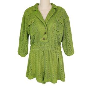 Free People Beach‎ Romper Green Open Knit Button Front 3/4 Sleeve Stretch S Boho